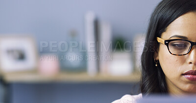Buy stock photo Home, woman and glasses with laptop for remote work, article research and information for editing. Space, freelancer and female content writer with spectacles for proofreading, news story and review
