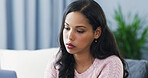 Woman, laptop and remote work from home on sofa, research or review article for media report in lounge. Person, online writer and computer with editing process for newsletter on couch at apartment