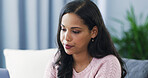 Home, depression and sad woman in lounge, thinking and thoughtful with mental health. Person, apartment and girl on couch, wonder and decision with break, anxiety and stress with breakup and grief