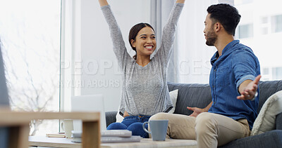 Buy stock photo Celebration, smile and couple in home, laptop and excited for sports live event, online and achievement. Bonding, streaming and people with tech for entertainment, success and winner of bet in house