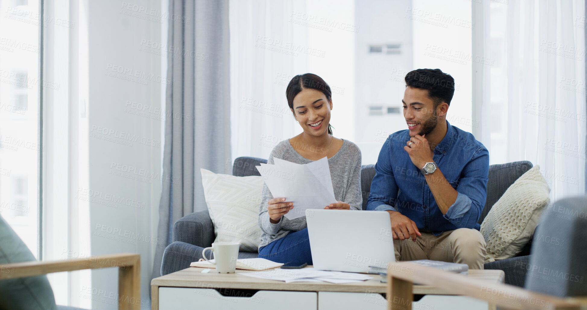 Buy stock photo Happy, planning and couple with paperwork, salary or loan budget for household bills and mortgage. Financial documents, credit score and people with income for investment, report or savings audit