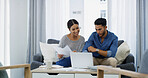 Reading, planning and couple with paperwork, laptop or salary budget for household bills and mortgage. Financial documents, credit score and people with income for investment, report or savings audit