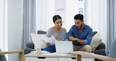 Buy stock photo Reading, planning and couple with paperwork, laptop or salary budget for household bills and mortgage. Financial documents, credit score and people with income for investment, report or savings audit