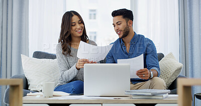 Buy stock photo Finance, planning or happy couple with documents, salary budget or laptop for household bills or mortgage. Financial, insurance paperwork or people with income info for investment, report or savings