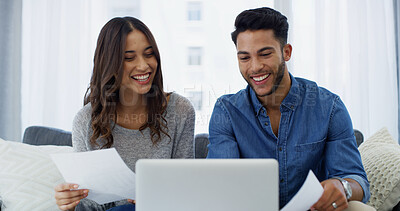 Buy stock photo Finance, laptop or happy couple with documents, salary budget or smile for household bills or mortgage. Financial, insurance paperwork or people with income info for investment, report or savings