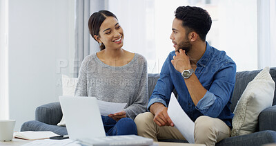Buy stock photo Speaking, laptop or happy couple with documents, salary budget or smile for household bills or mortgage. Financial, insurance paperwork or people with income results for investment, report or savings