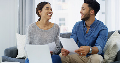 Buy stock photo Laughing, budget or couple with paperwork, laptop or salary for household bills, profit growth or taxes. Financial documents, funny joke or happy people with income for investment, report or savings