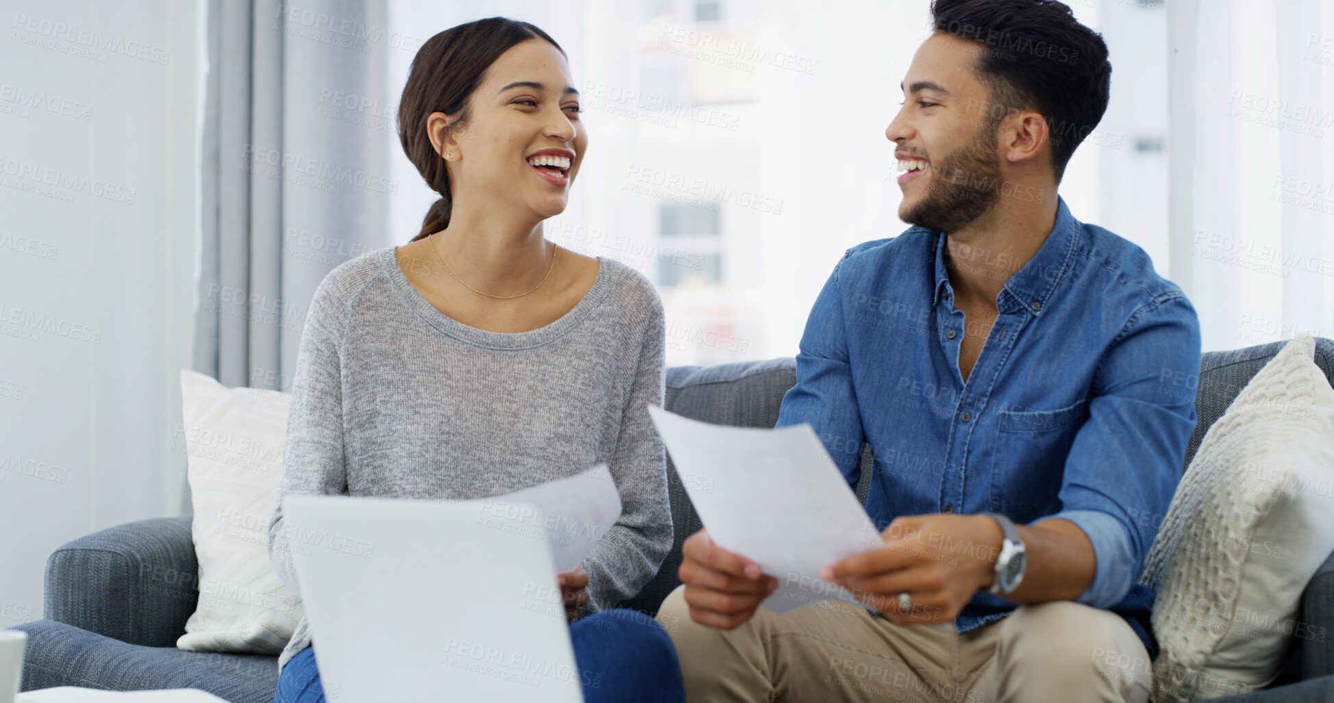 Buy stock photo Laughing, budget or couple with paperwork, laptop or salary for household bills, profit growth or taxes. Financial documents, funny joke or happy people with income for investment, report or savings