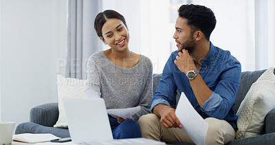 Buy stock photo Laptop, loan or happy couple with finance documents, salary or budget for household bills or mortgage. Growth, insurance paperwork or people with financial income for investment, report and savings