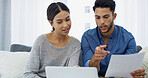 Credit score, laptop or couple with finance documents, salary or budget for household bills or mortgage. Financial, insurance paperwork or people with income info for investment, report or savings