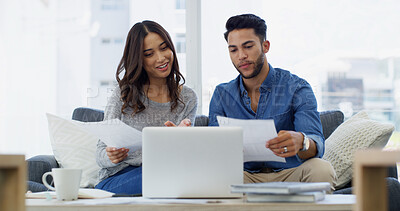 Buy stock photo Mortgage, laptop or couple with financial documents, salary or budget for household bills or accounting. Finance paperwork, planning or people with income for investment growth, report and savings