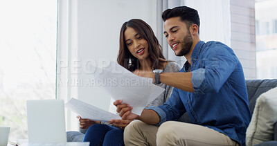 Buy stock photo Mortgage, happy or couple with financial paperwork, salary or budget for household bills or accounting. Finance documents, planning or people with income for investment growth, report and savings