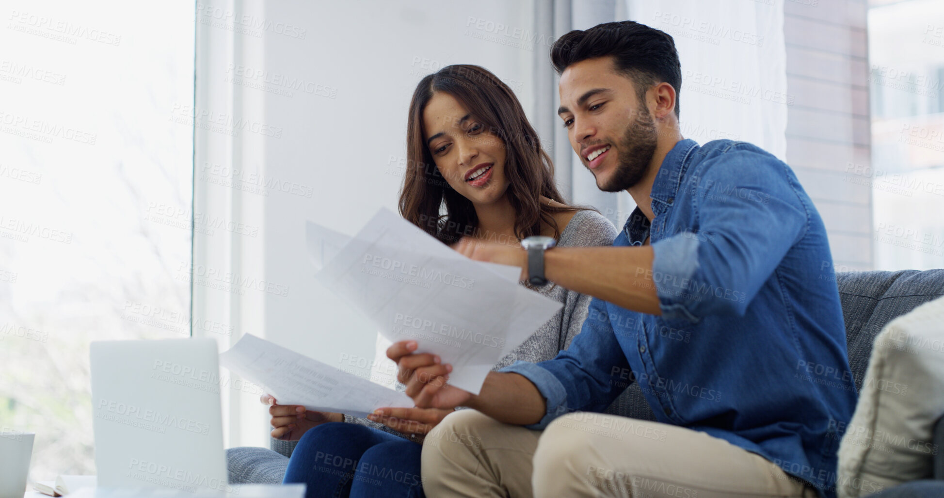 Buy stock photo Mortgage, happy or couple with financial paperwork, salary or budget for household bills or accounting. Finance documents, planning or people with income for investment growth, report and savings