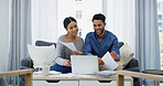 Mortgage, budget or happy couple with laptop, documents, salary for household bills, planning or accounting. Finance paperwork, smile or people with income for investment growth, report and savings