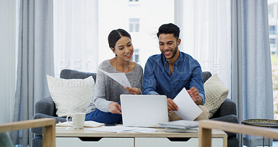 Buy stock photo Mortgage, budget or happy couple with laptop, documents, salary for household bills, planning or accounting. Finance paperwork, smile or people with income for investment growth, report and savings