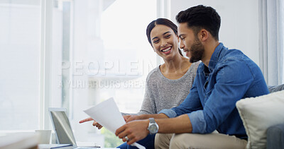 Buy stock photo Mortgage, salary or couple with laptop, documents, financial budget for household bills or accounting. Finance paperwork, planning or happy people with income for investment growth, report or savings