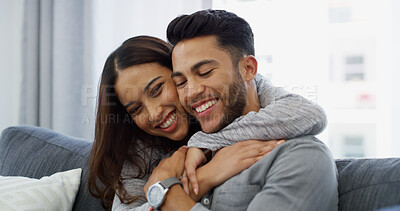 Buy stock photo Relax, smile and hug with couple on sofa of home for bonding, support and care. Happiness, commitment and trust with man and woman in living room of apartment peace, love and relationship romance