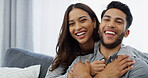 Laugh, love and portrait of couple on sofa of home for bonding, support and care. Happiness, commitment and funny with man and woman in living room of apartment peace, smile and relationship romance