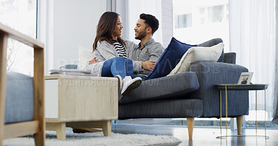 Buy stock photo Relax, love and cuddle with couple on sofa of home for bonding, support and care. Happiness, commitment and trust with man and woman in living room of apartment peace, smile and relationship romance
