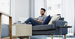 Smile, man and relax with thinking on sofa for weekend break, nostalgia or happy memory. Peaceful person, thoughtful and daydreaming in living room with reflection, wondering and remember in house