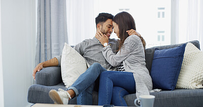 Buy stock photo Forehead, love and romance with couple on sofa of home for bonding, support and care. Happiness, commitment and trust with man and woman in living room of apartment for peace, smile and relationship