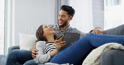 Buy stock photo Happy couple, laughing and relax with tablet on sofa for social media, entertainment or bonding at home. Man, woman or lovers with smile on technology for fun streaming, online browsing or funny app