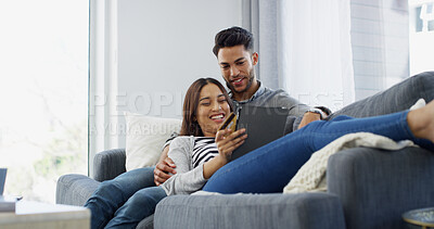 Buy stock photo Home, credit card and couple on sofa, tablet and relax with ecommerce, transactions and payment. Apartment, man and woman on couch, online banking and technology with password, mortgage and rent