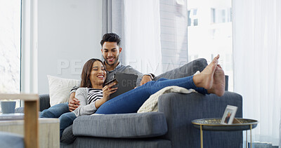 Buy stock photo Home, credit card and couple with tablet, comfort and relax with ecommerce, transactions and mortgage. Rent, man or woman with banking, online shopping or technology with savings or investment growth