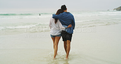 Buy stock photo Walking, back and love with couple on beach for ocean, summer vacation and relax. Support, adventure and travel holiday with man and woman outdoors for romantic trip, bonding and space together