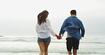 Back, holding hands and running with couple on beach for date, summer vacation and support. Happiness, adventure and travel holiday with man and woman outdoors for romantic trip, bonding and relax