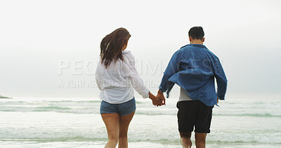 Buy stock photo Run, couple and holding hands on beach for honeymoon, holiday or bonding outdoor. Woman, man and relationship by sea for memory, romantic date and back with love and stroll by space to elope