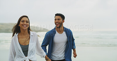 Buy stock photo Beach, couple and happy with holding hands on vacation, holiday and bonding together on honeymoon. Ocean, man and woman in portrait for love, walking and travel adventure in Florida by space