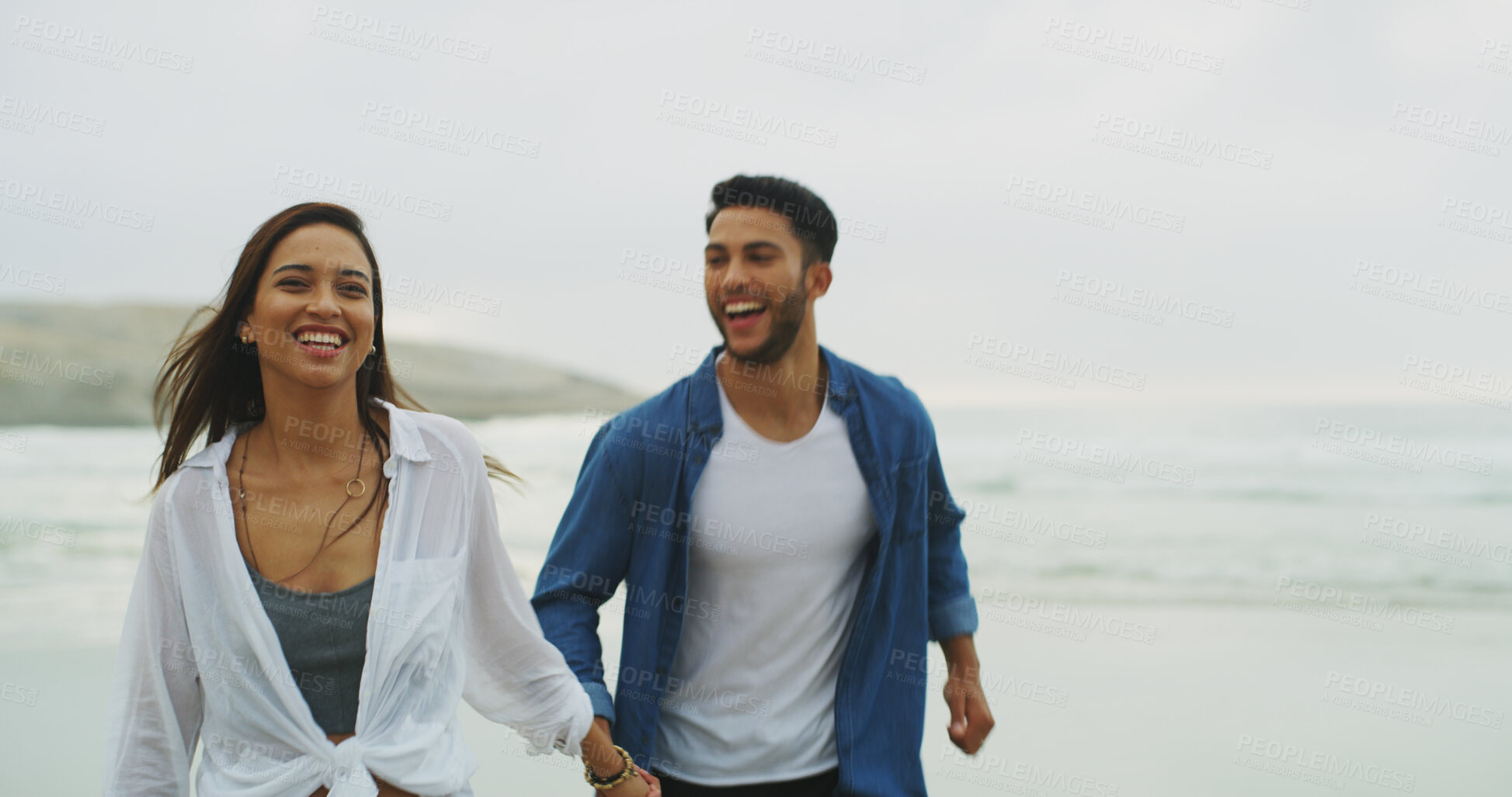 Buy stock photo Beach, couple and happy with holding hands on vacation, holiday and bonding together on honeymoon. Ocean, man and woman in portrait for love, walking and travel adventure in Florida by space