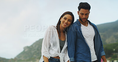 Buy stock photo Beach, happy couple and walking together on vacation for honeymoon, holiday or bonding outdoor. Woman, man and relationship by sea for space, romantic date and thinking with security in commitment 