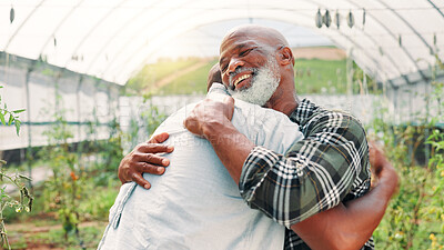 Buy stock photo Agriculture, people and happy with hug in greenhouse for farmer welcome, introduction or farming teamwork. Sustainable business, man and embrace gmo specialist for agro partnership or food production