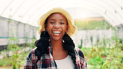 Buy stock photo Happy, greenhouse and portrait of black woman on farm with plants for growth, sustainability and harvesting. Agriculture, nature and farmer with agro business for healthy crops, vegetables or produce
