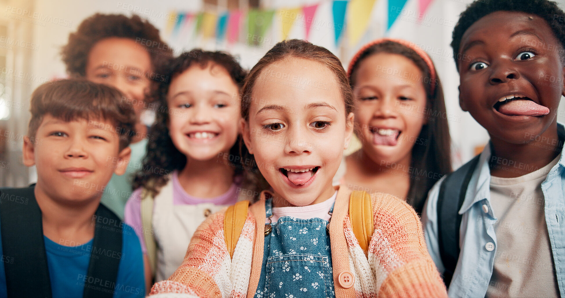 Buy stock photo Selfie, happy and portrait of children in classroom for language development, learning or growth. Goofy, kids and cute students with photography picture for lesson with education at elementary school