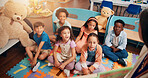 Teacher, education and youth with kids in classroom for child development, future and learning. Academy, growth and scholarship with group of students in school for knowledge, floor and study