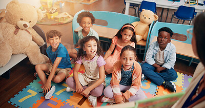 Buy stock photo Teacher, education and youth with kids in classroom for child development, future and learning. Academy, growth and scholarship with group of students in school for knowledge, floor and study