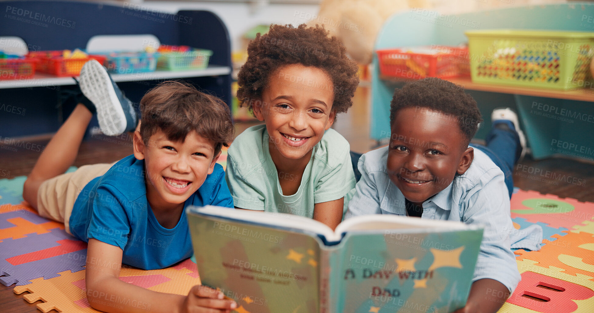 Buy stock photo Reading book, school and boys in classroom, portrait and learning english with literacy knowledge. Child development, fantasy storytelling and creativity with education, friends and bonding together