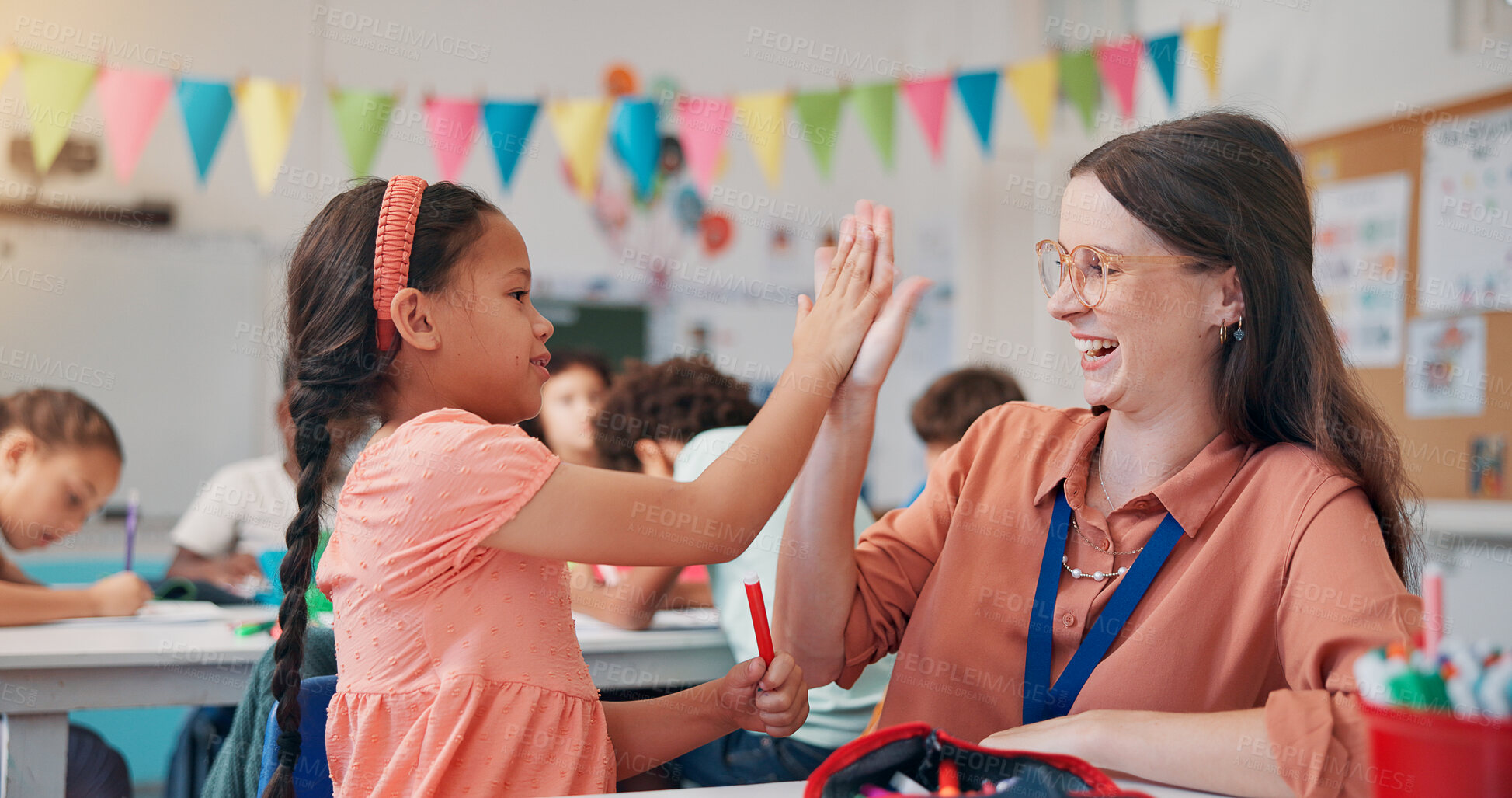 Buy stock photo Education, girl and teacher in classroom, high five and support with child development. Knowledge, woman, and kids in school, hand gesture and results for test, growth and collaboration with top mark