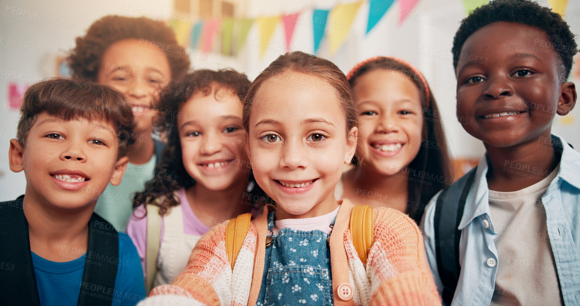 Buy stock photo Portrait, students and smile for selfie in classroom for education, photography and social media post. POV, children and happy with learning support, profile picture update and memory with friends