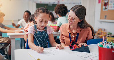 Buy stock photo Knowledge, girl or teacher in classroom, help or creativity with assisted learning, growth or education. Child development, woman or students in school, fine motor skills or assessment with questions