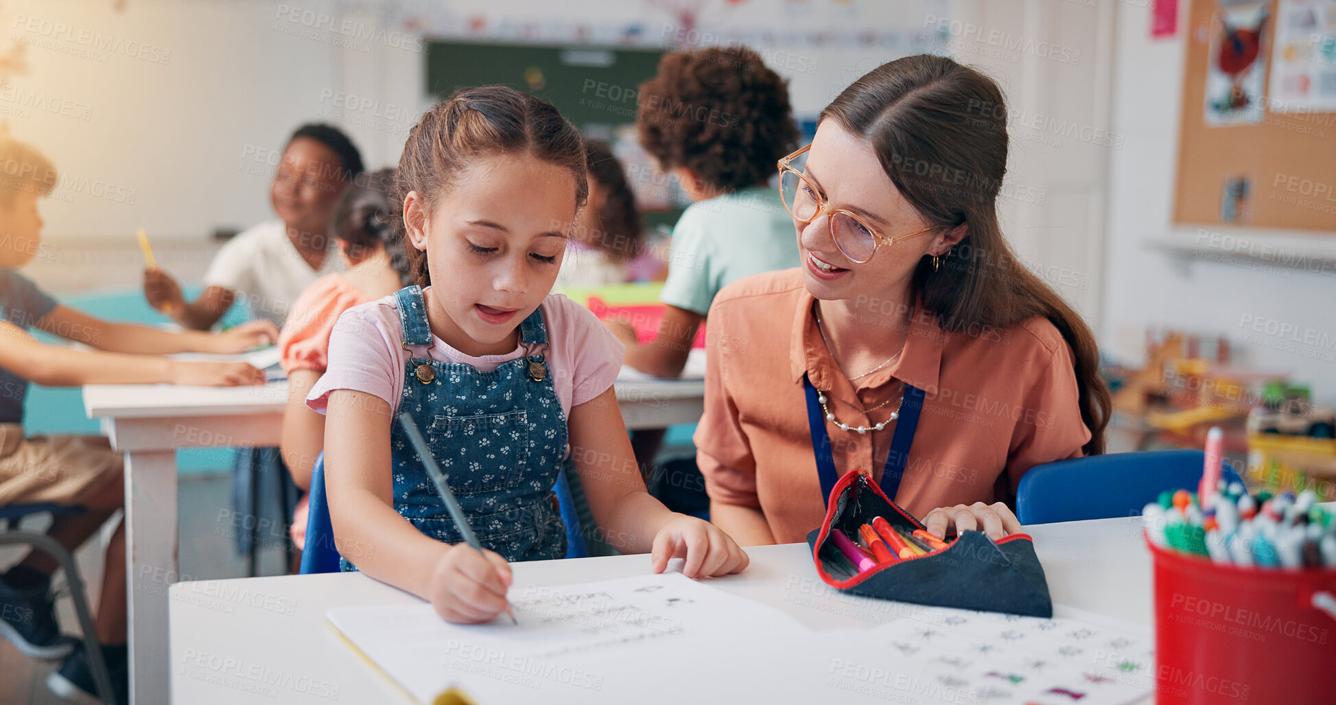 Buy stock photo Knowledge, girl or teacher in classroom, help or creativity with assisted learning, growth or education. Child development, woman or students in school, fine motor skills or assessment with questions