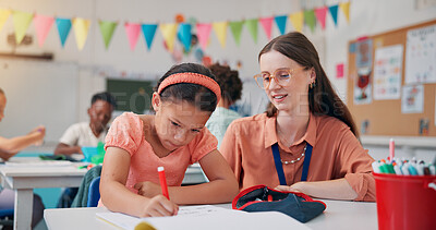 Buy stock photo Writing, girl and teacher in classroom, learning and advice with literacy knowledge. Child development, woman or students in school, education or test with assessment, questions and fine motor skills