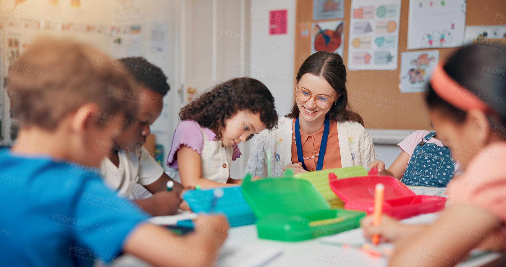 Buy stock photo Education, study or writing with students and teacher in classroom of school for child development. Knowledge, learning or teaching with happy woman and kids in lesson for academics, course or growth