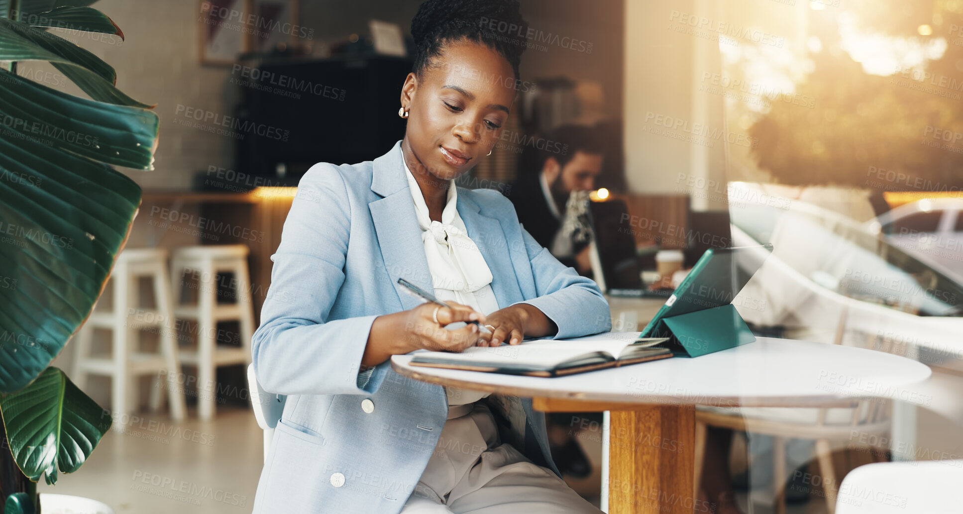 Buy stock photo Writing, remote work and business with woman in cafe for research, project and planning. Tablet, online report and notebook with person in coffee shop for customer, schedule and client feedback