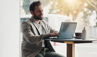Buy stock photo Typing, laptop and man in cafe as digital nomad for finance, sales report and budget. Coffee shop, happy freelancer and computer for writing email, online project or internet research for remote work