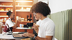 Drink, laptop or man in coffee shop for remote work, editing or creative copywriter research for blog. Cafe, latte cup or freelancer on computer for content writing, reading article or online project