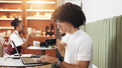 Buy stock photo Drink, laptop or man in coffee shop for remote work, editing or creative copywriter research for blog. Cafe, latte cup or freelancer on computer for content writing, reading article or online project